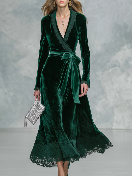 Sofía Dark Green Velvet Wrap Maxi Dress with Lace Trim Self Tie Waist Belt – Sienna Noosa