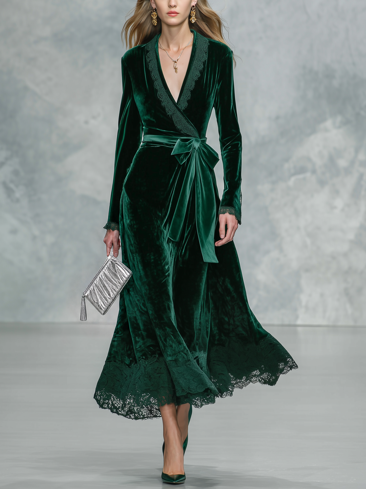 Sofía Dark Green Velvet Wrap Maxi Dress with Lace Trim Self Tie Waist Belt – Sienna Noosa