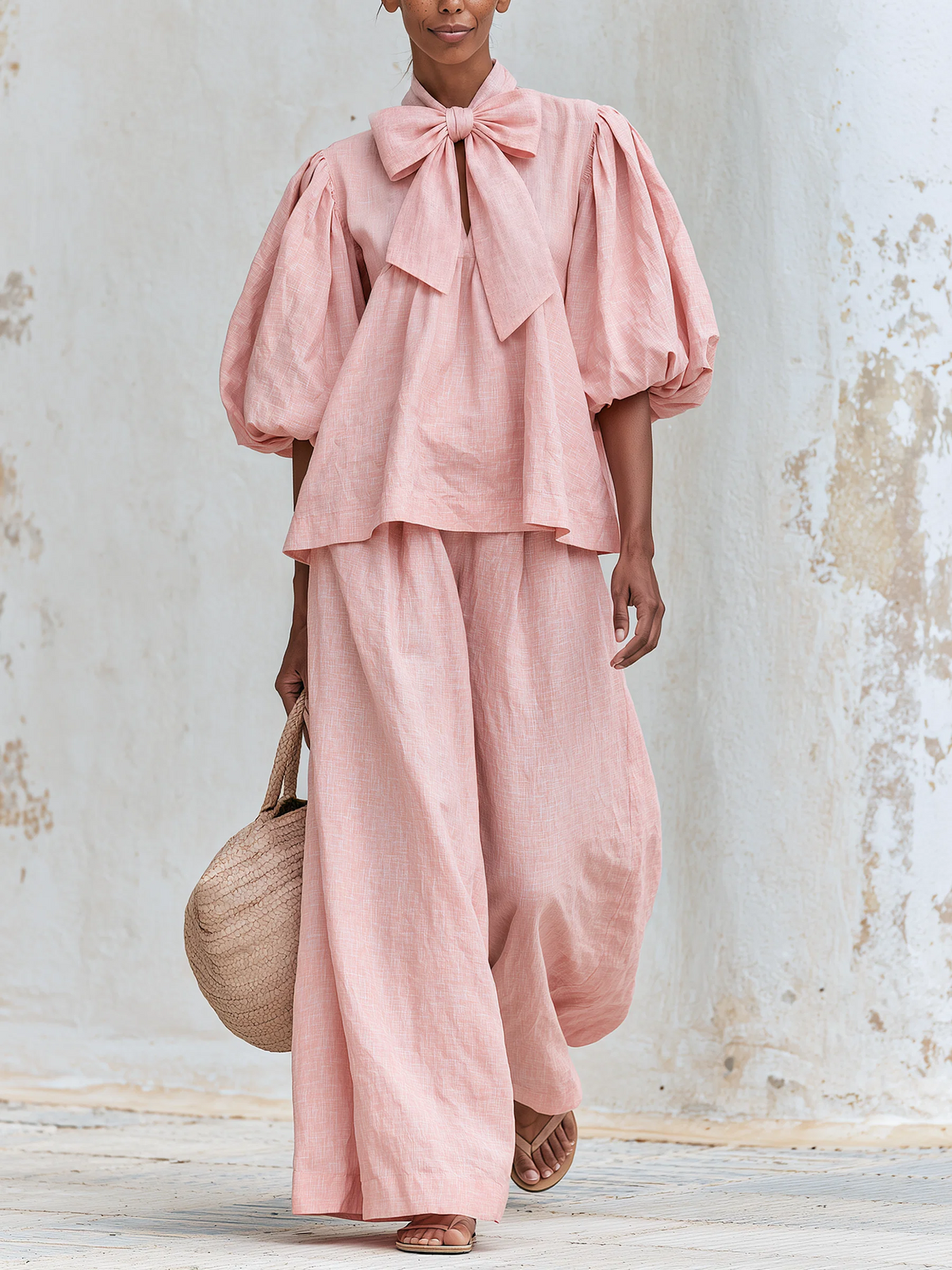 Blush Pink Linen Blend Bow Tie Puff Sleeve Top Wide Leg Pants Set – Sienna Noosa