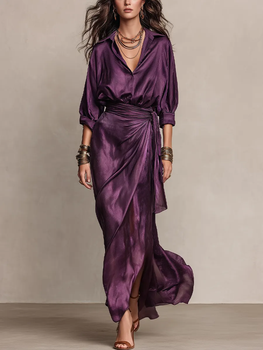 Deep Plum Satin Wrap Maxi Dress with Draped Waist – Sienna Noosa