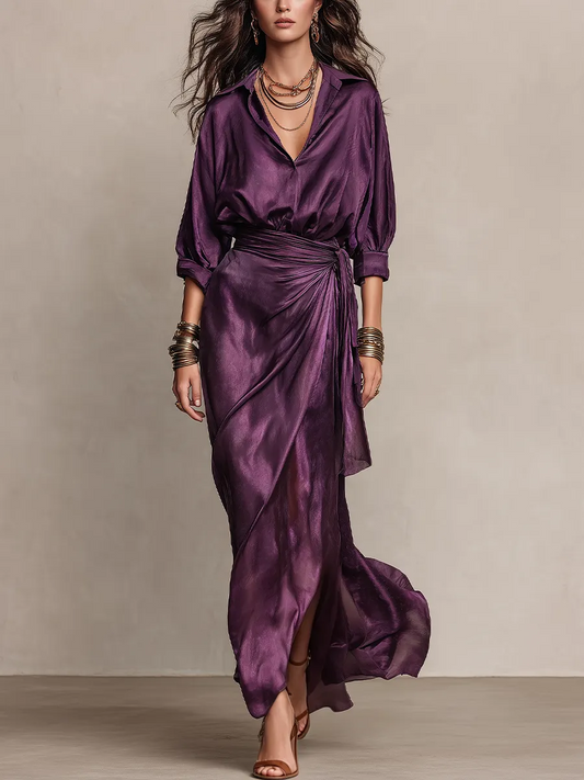 Deep Plum Satin Wrap Maxi Dress with Draped Waist – Sienna Noosa