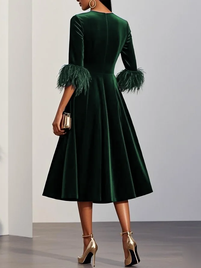 Aitana Dark Blue Feather Trimmed Velvet Round Neck Short Sleeved A-line Line Midi Dress – Sienna Noosa