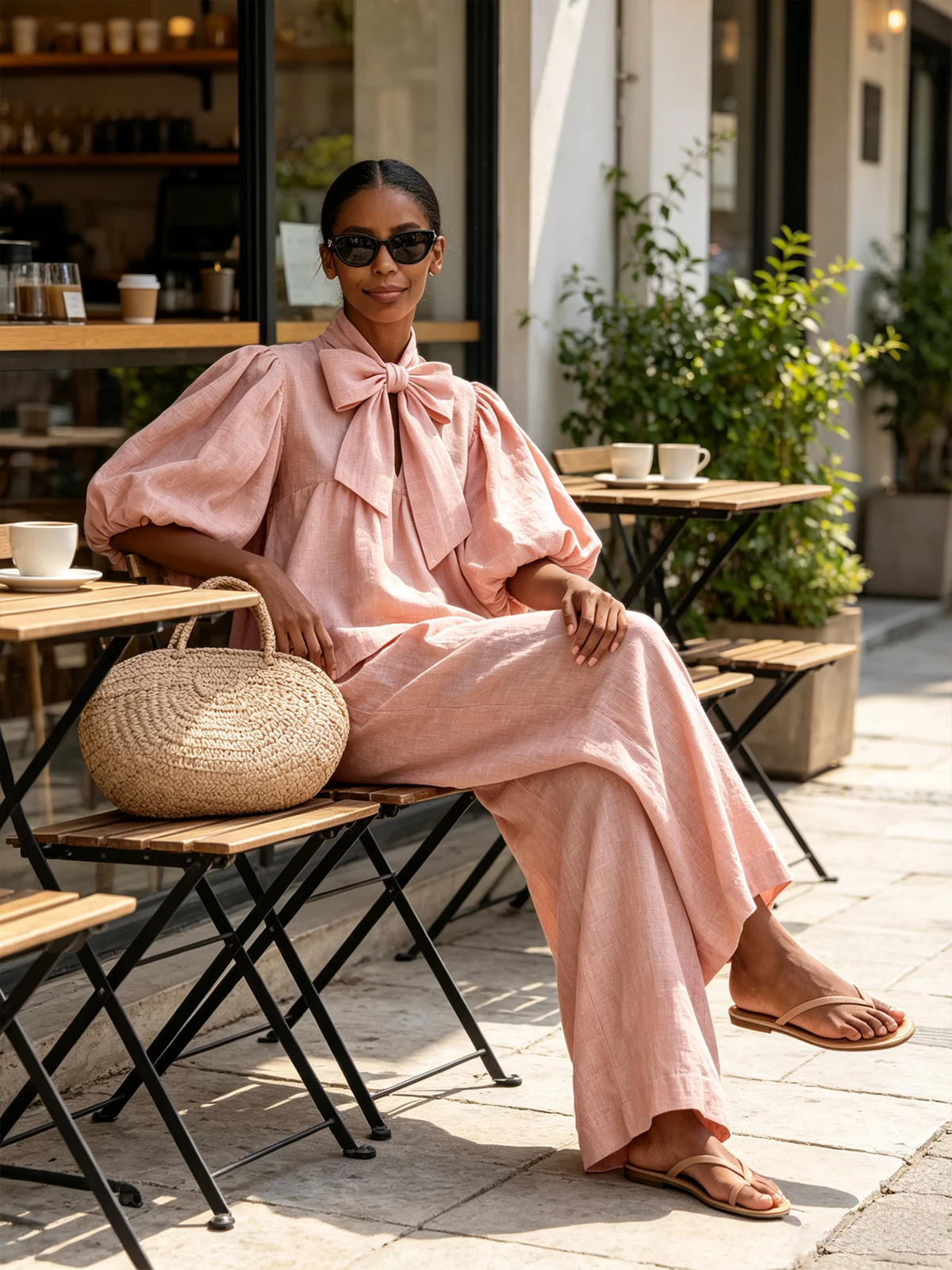 Blush Pink Linen Blend Bow Tie Puff Sleeve Top Wide Leg Pants Set – Sienna Noosa