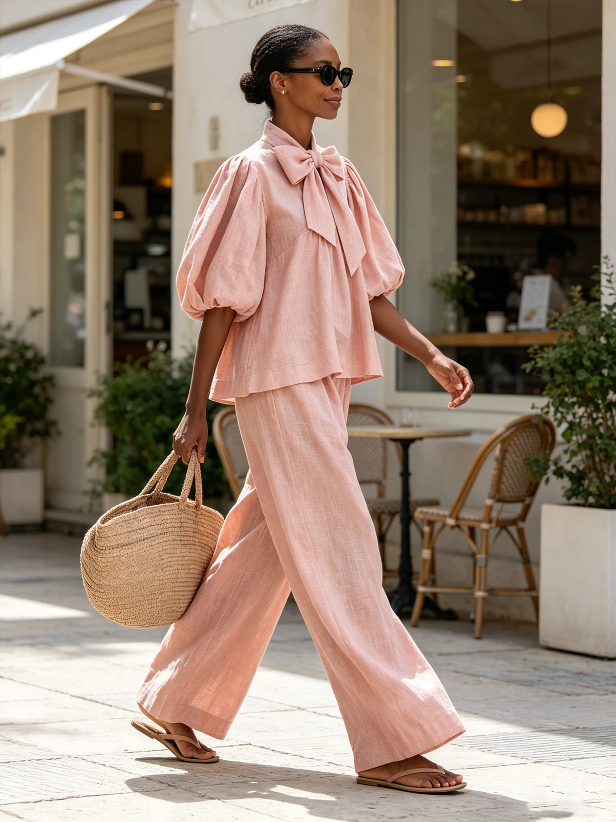 Blush Pink Linen Blend Bow Tie Puff Sleeve Top Wide Leg Pants Set – Sienna Noosa