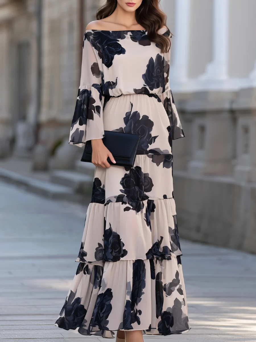 Beige Off Shoulder Printed Ruffle Hem Elegant Maxi Dress – Sienna Noosa