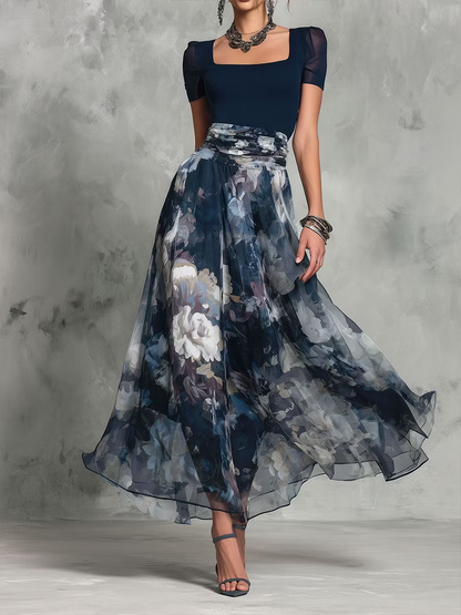 Blue Floral Print Square Neck Belted A-line Line Elegant Maxi Dress – Sienna Noosa