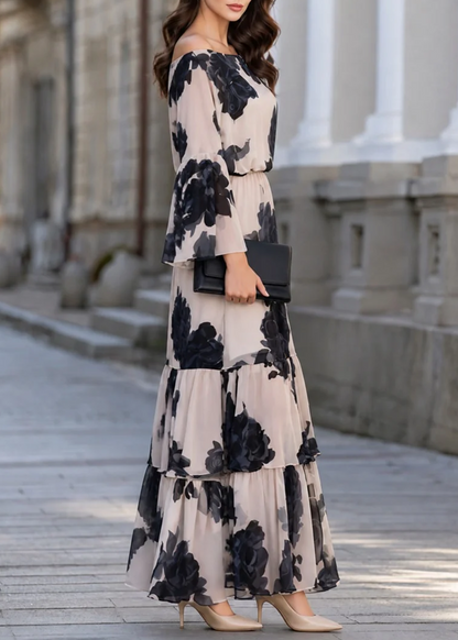 Beige Off Shoulder Printed Ruffle Hem Elegant Maxi Dress – Sienna Noosa