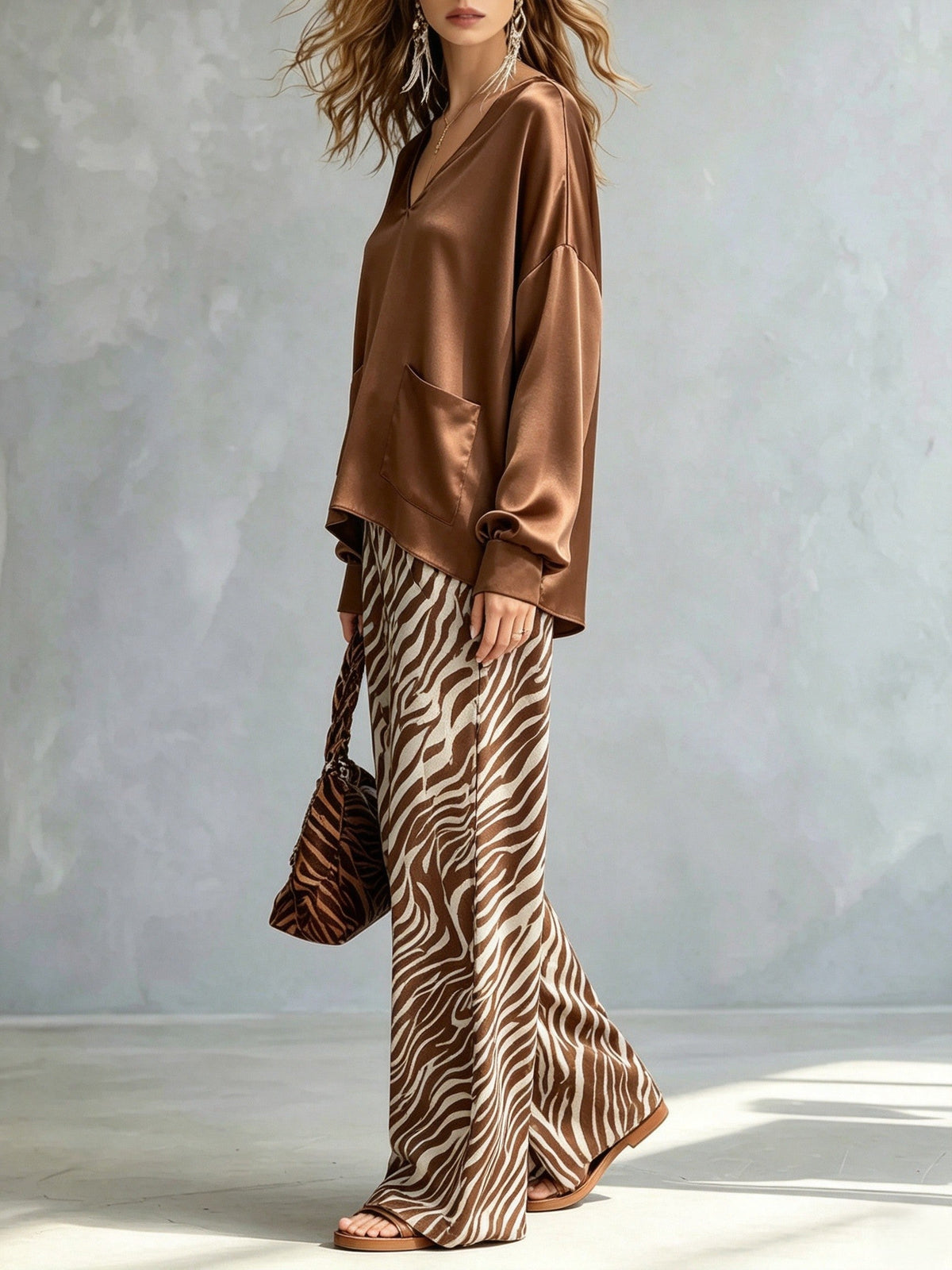 Brown Satin Hoodie Zebra Print Wide Leg Pants Set – Sienna Noosa