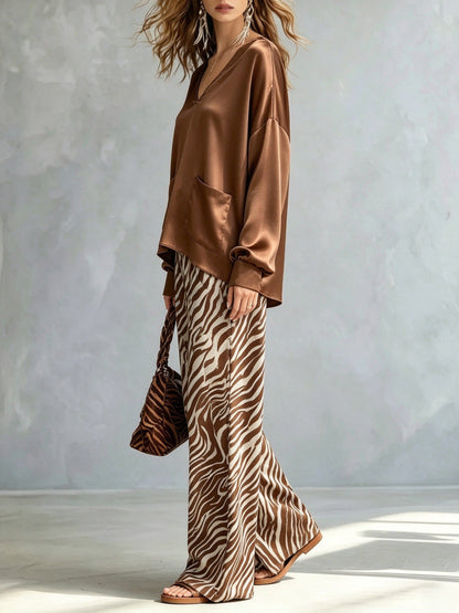 Brown Satin Hoodie Zebra Print Wide Leg Pants Set – Sienna Noosa