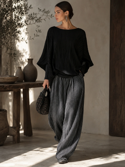 Azucena Relaxed Pleated Batwing Top and Wide Leg Pants Two-Piece Set – Sienna Noosa