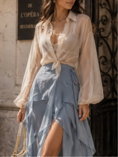 White Sheer Shirt Paired with A-line Blue Layered Skirt Set – Sienna Noosa