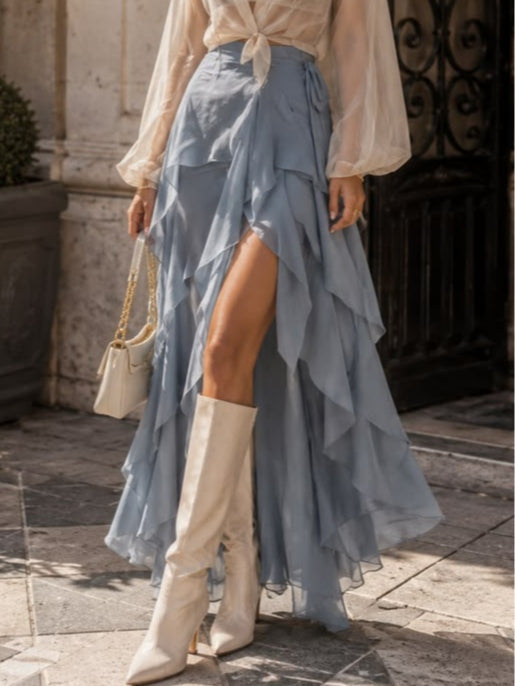 White Sheer Shirt Paired with A-line Blue Layered Skirt Set – Sienna Noosa