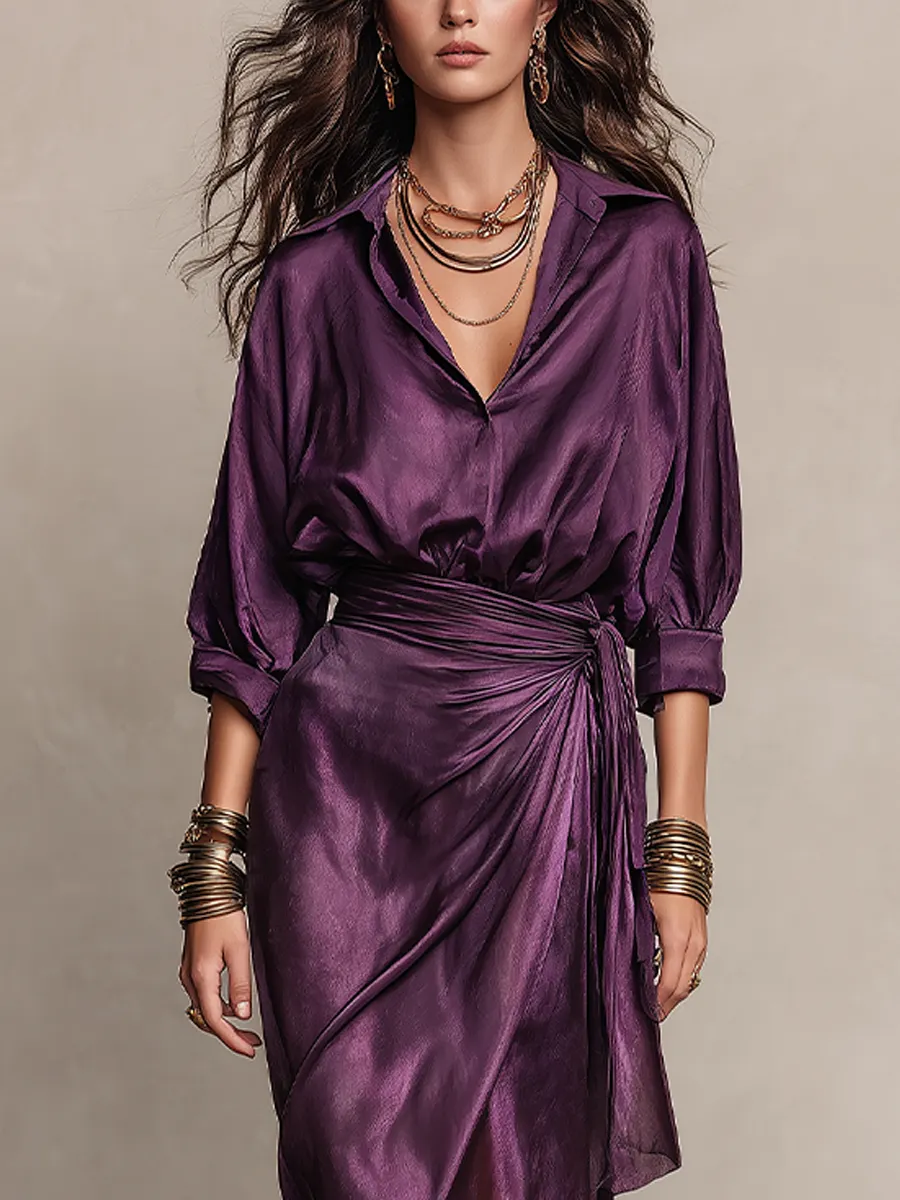 Deep Plum Satin Wrap Maxi Dress with Draped Waist – Sienna Noosa