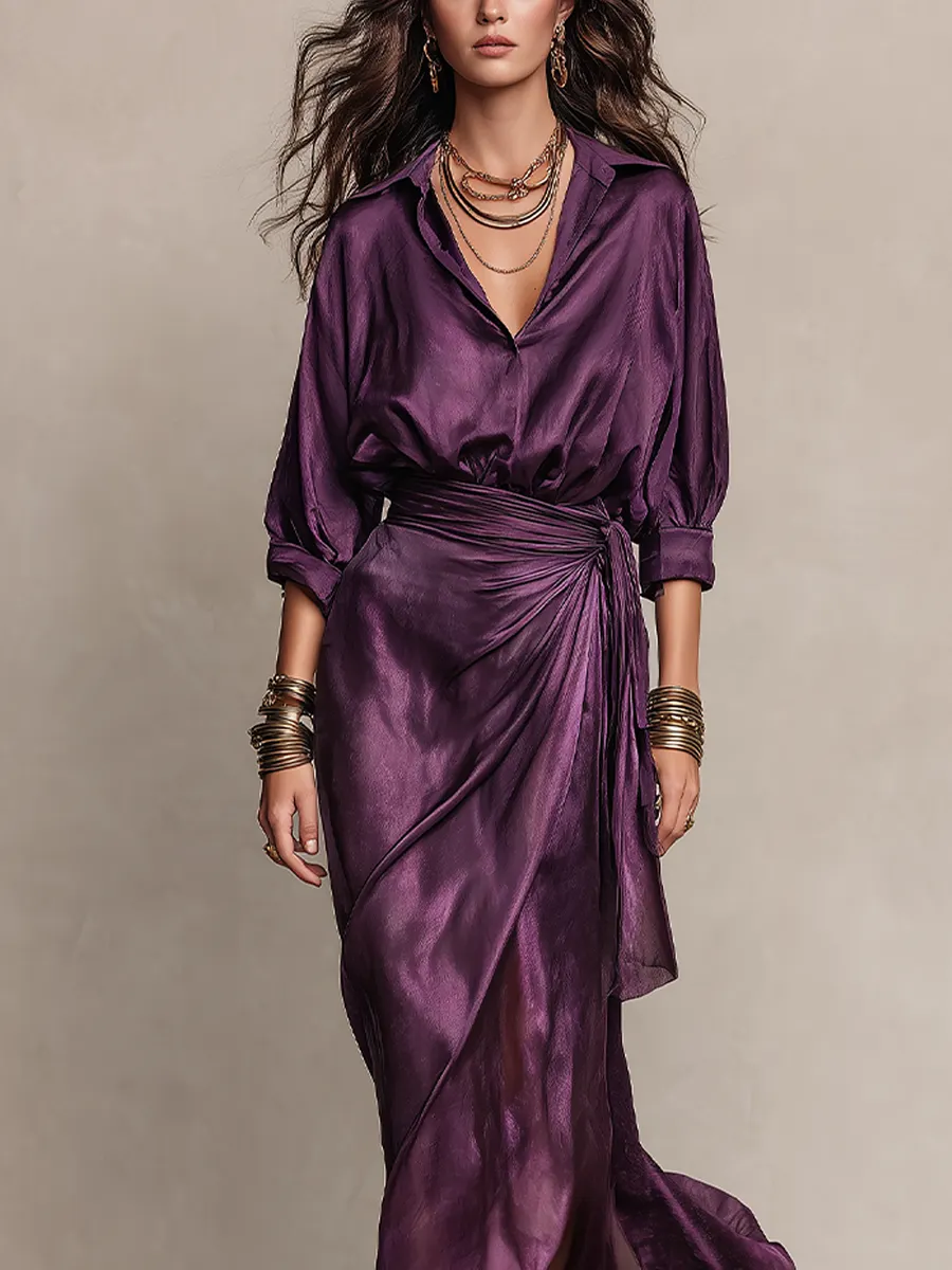 Deep Plum Satin Wrap Maxi Dress with Draped Waist – Sienna Noosa