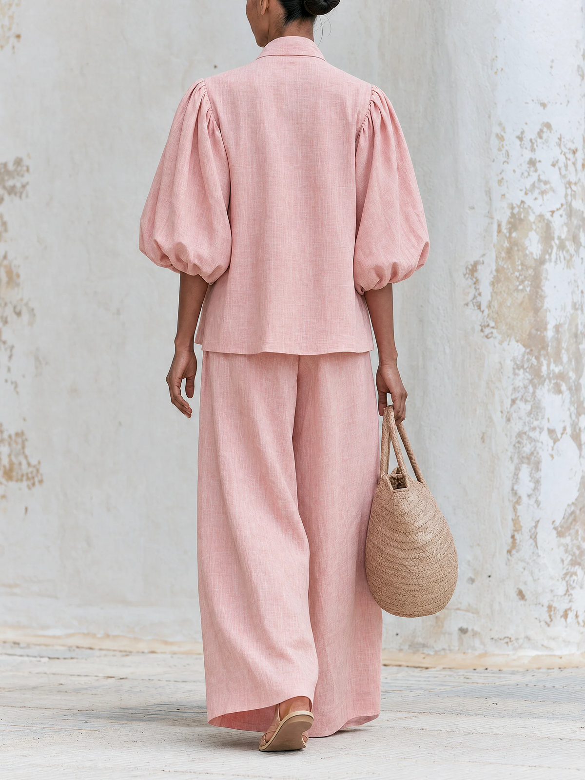 Blush Pink Linen Blend Bow Tie Puff Sleeve Top Wide Leg Pants Set – Sienna Noosa