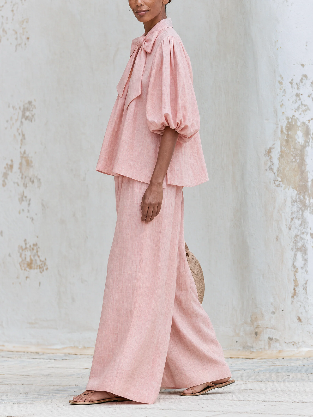 Blush Pink Linen Blend Bow Tie Puff Sleeve Top Wide Leg Pants Set – Sienna Noosa