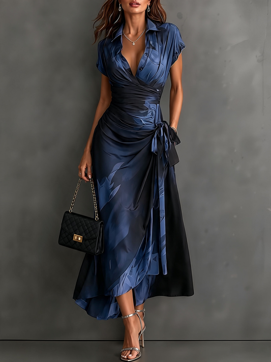 Blue Black Abstract Print Wrap Midi Dress Collared V Neck Short Sleeve Tie Waist Ruffled High Low Hem Dress – Sienna Noosa