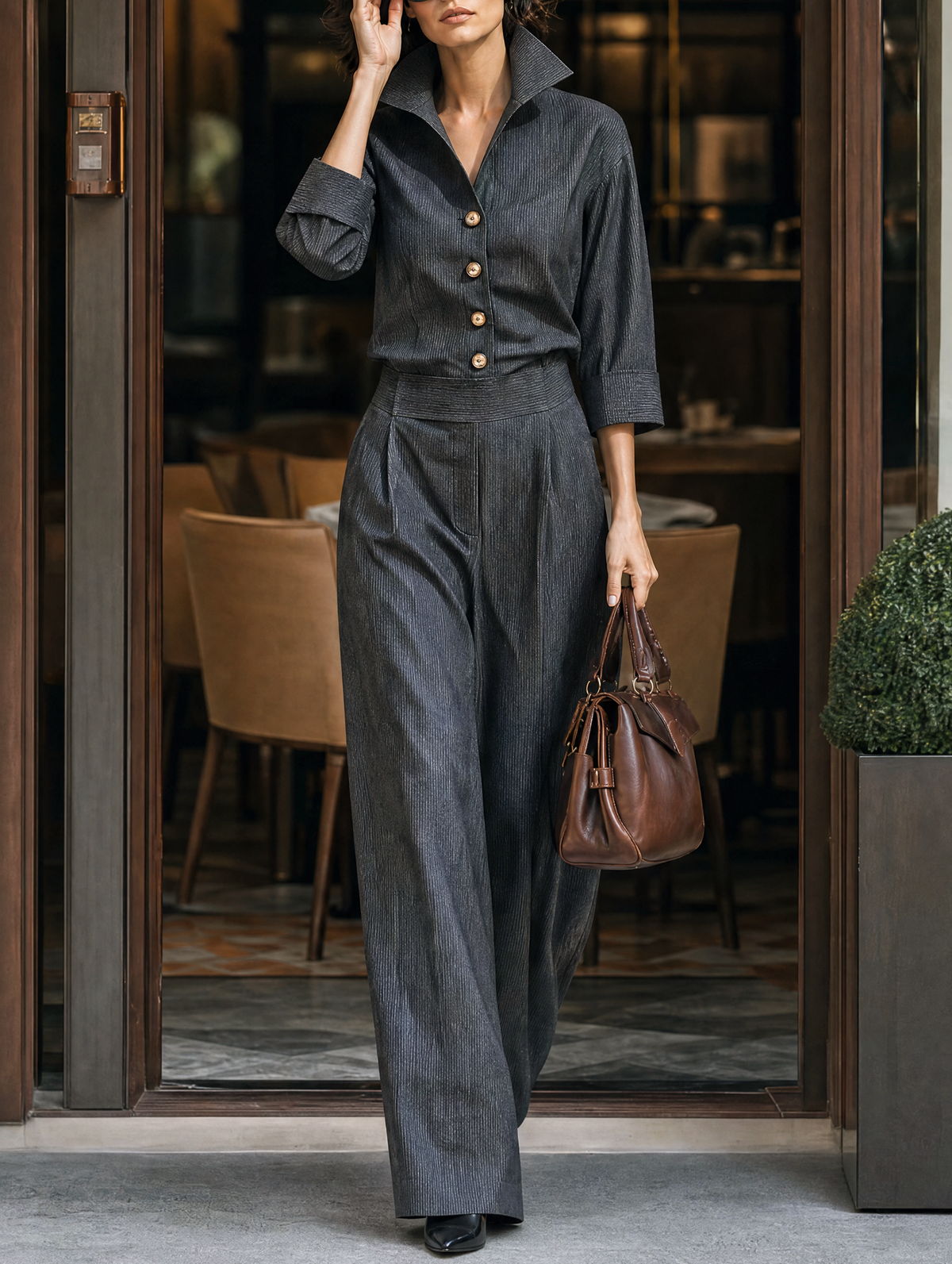 Womens Pinstripe Stand Collar Button Front Wide Leg Jumpsuit – Sienna Noosa