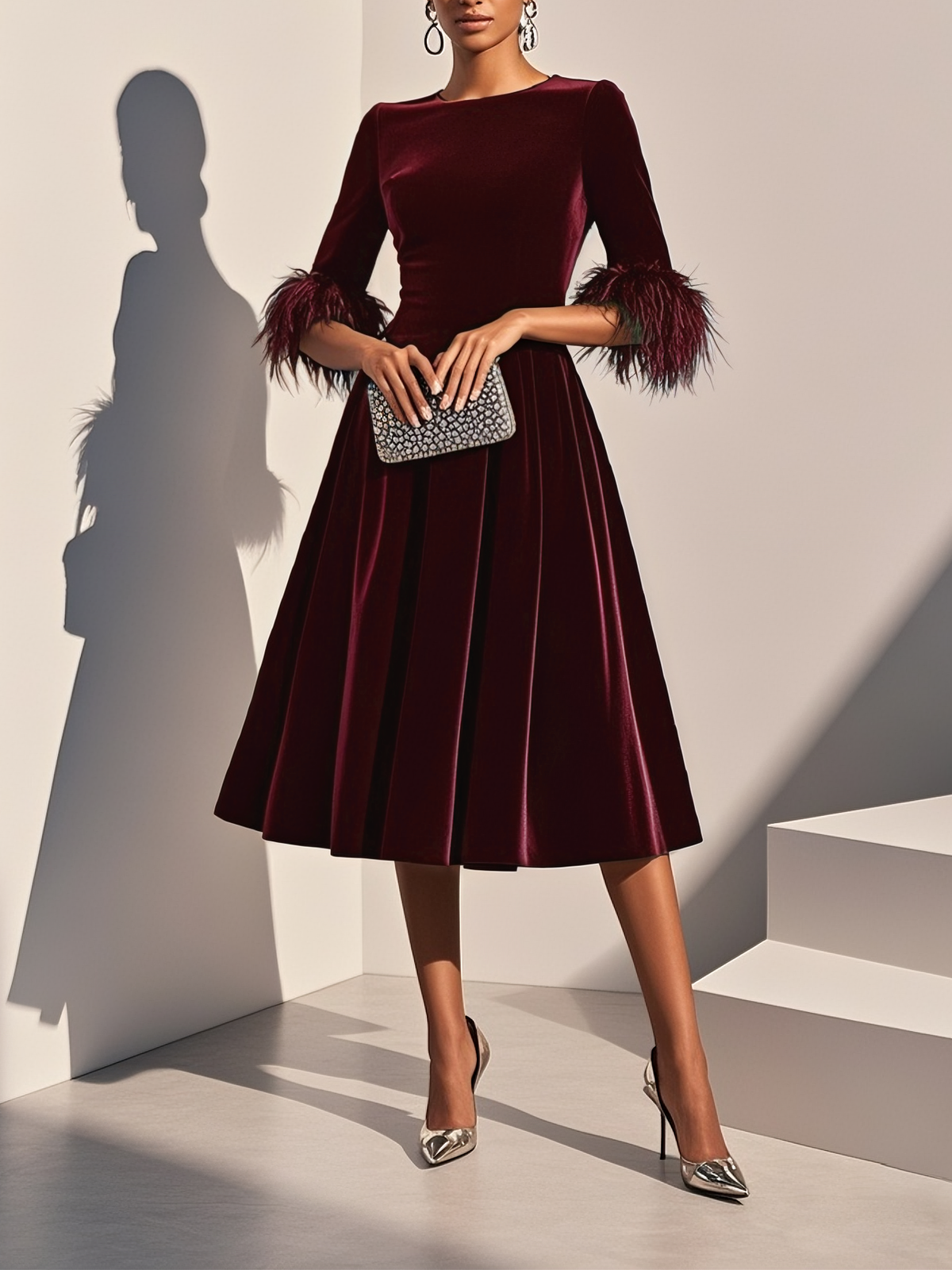 Aitana Dark Blue Feather Trimmed Velvet Round Neck Short Sleeved A-line Line Midi Dress – Sienna Noosa