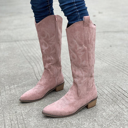 Embroidered Denim High-top Chunky-heeled Western Boots – Sienna Noosa