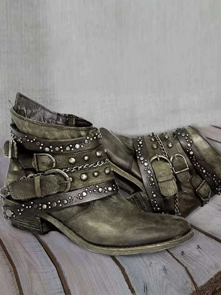 Vintage Washed Studded Buckles Ankle Boots – Sienna Noosa