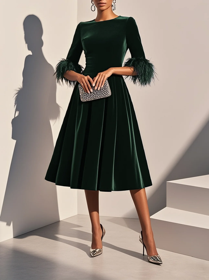 Aitana Dark Blue Feather Trimmed Velvet Round Neck Short Sleeved A-line Line Midi Dress – Sienna Noosa