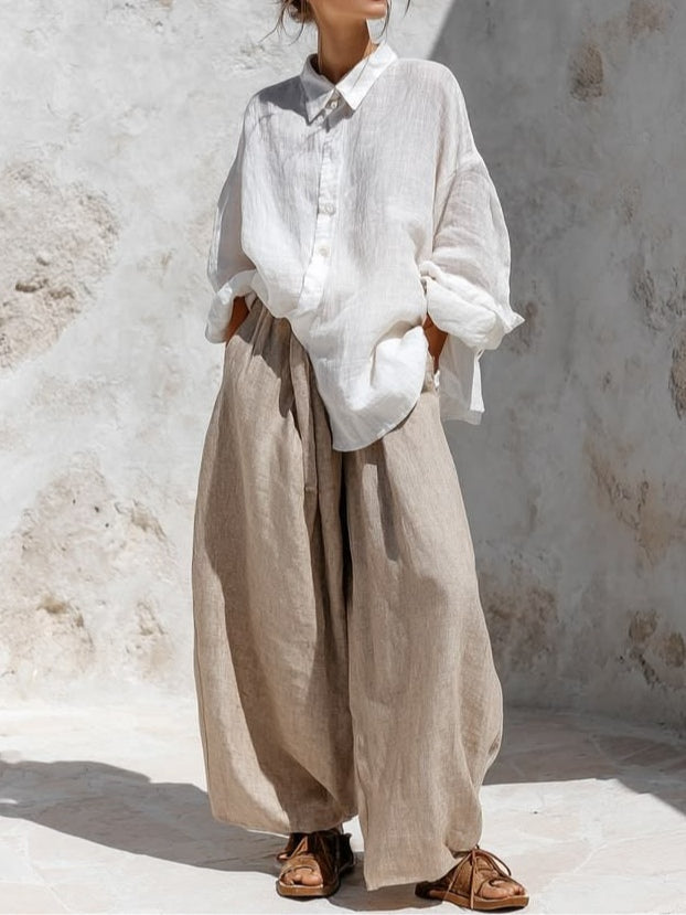 Bianca Casual White Long Sleeve Shirt and Khaki Trousers Set – Sienna Noosa