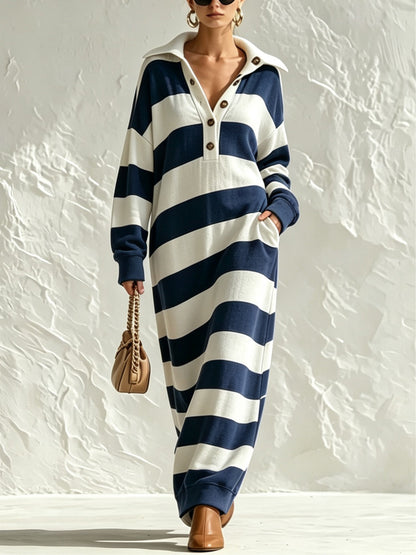Casual Navy Striped Maxi Dress with Collar and Button Front – Sienna Noosa