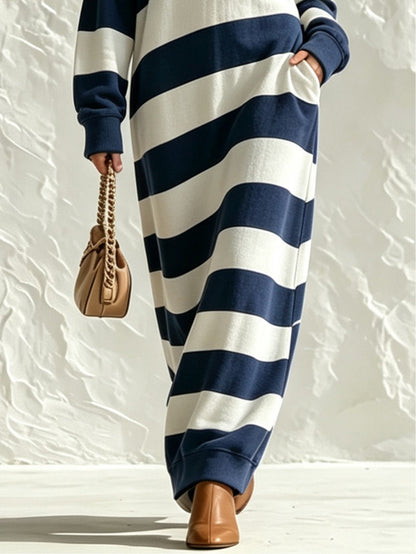 Casual Navy Striped Maxi Dress with Collar and Button Front – Sienna Noosa