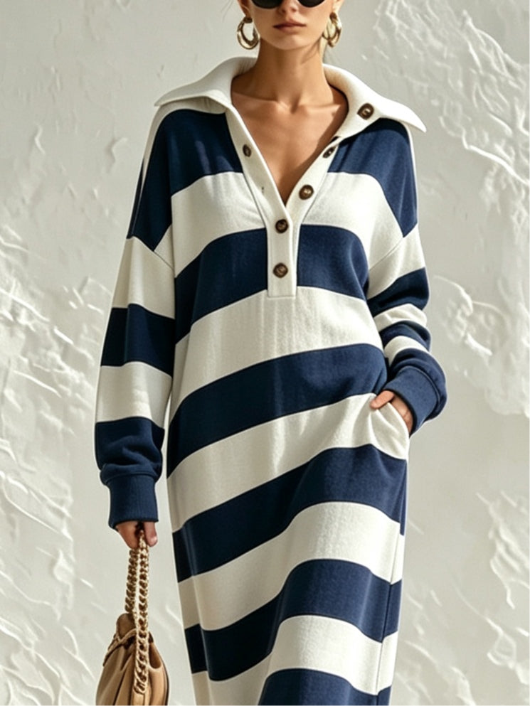 Casual Navy Striped Maxi Dress with Collar and Button Front – Sienna Noosa