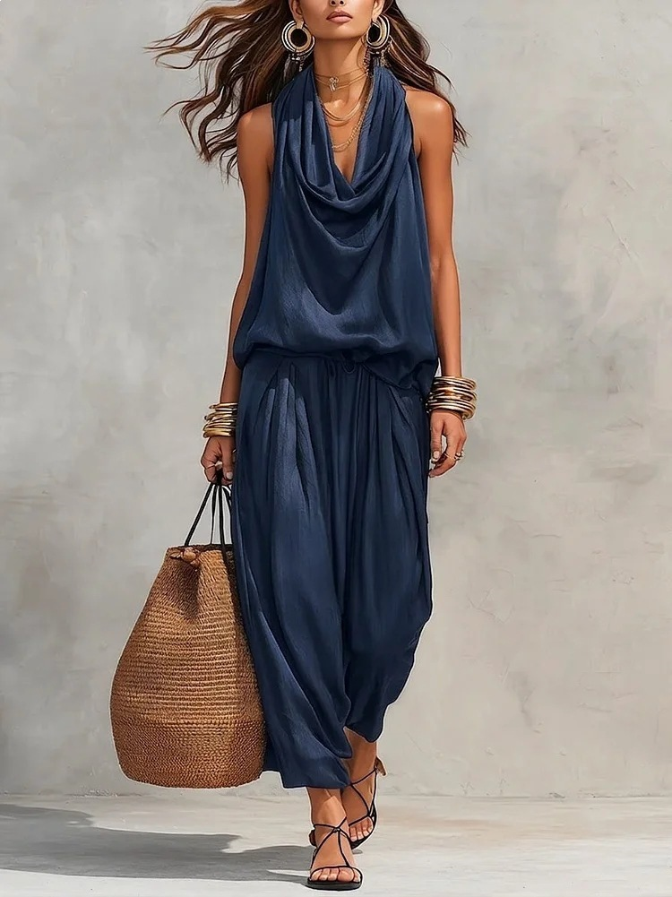 Black Halter Neck Sleeveless Top and Pleated Trousers Set – Sienna Noosa