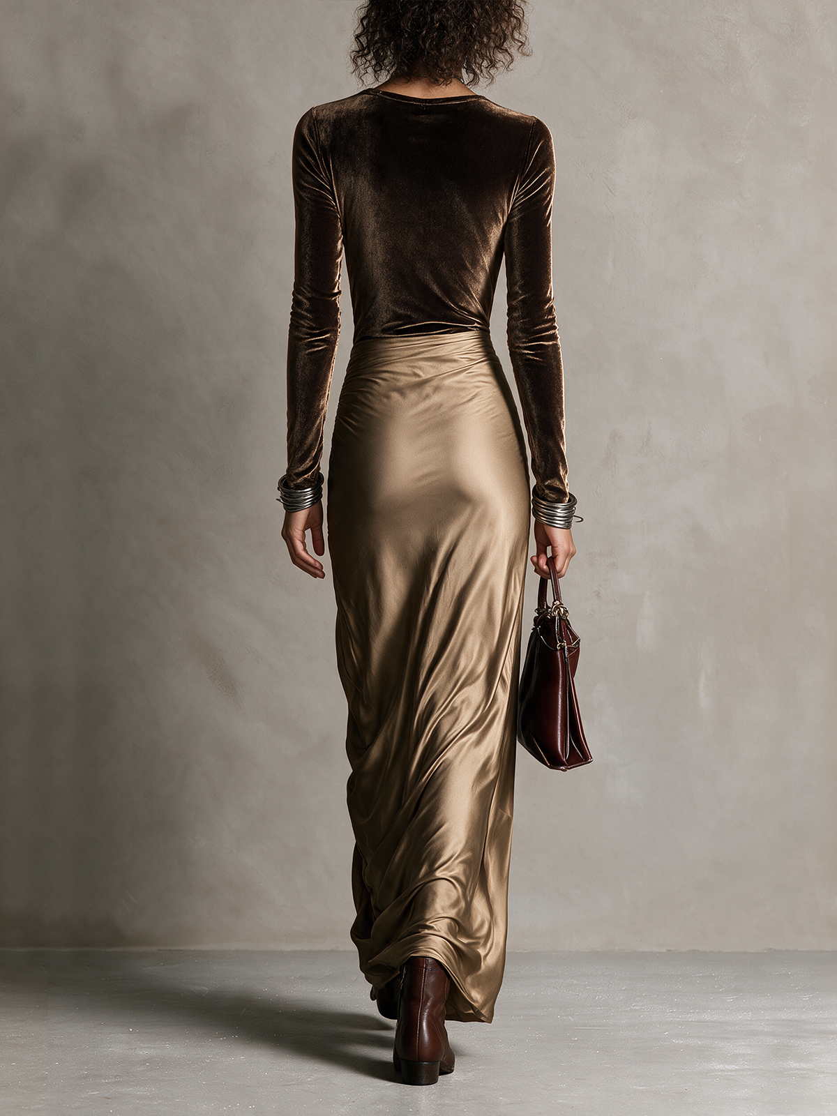 Camila Retro Brown Two Tone Velvet Satin Slit Maxi Dress – Sienna Noosa