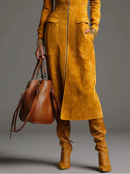 Alicia Women's Mustard Yellow Faux Suede Stand Collar Zip Up Midi Dress with Pockets – Sienna Noosa