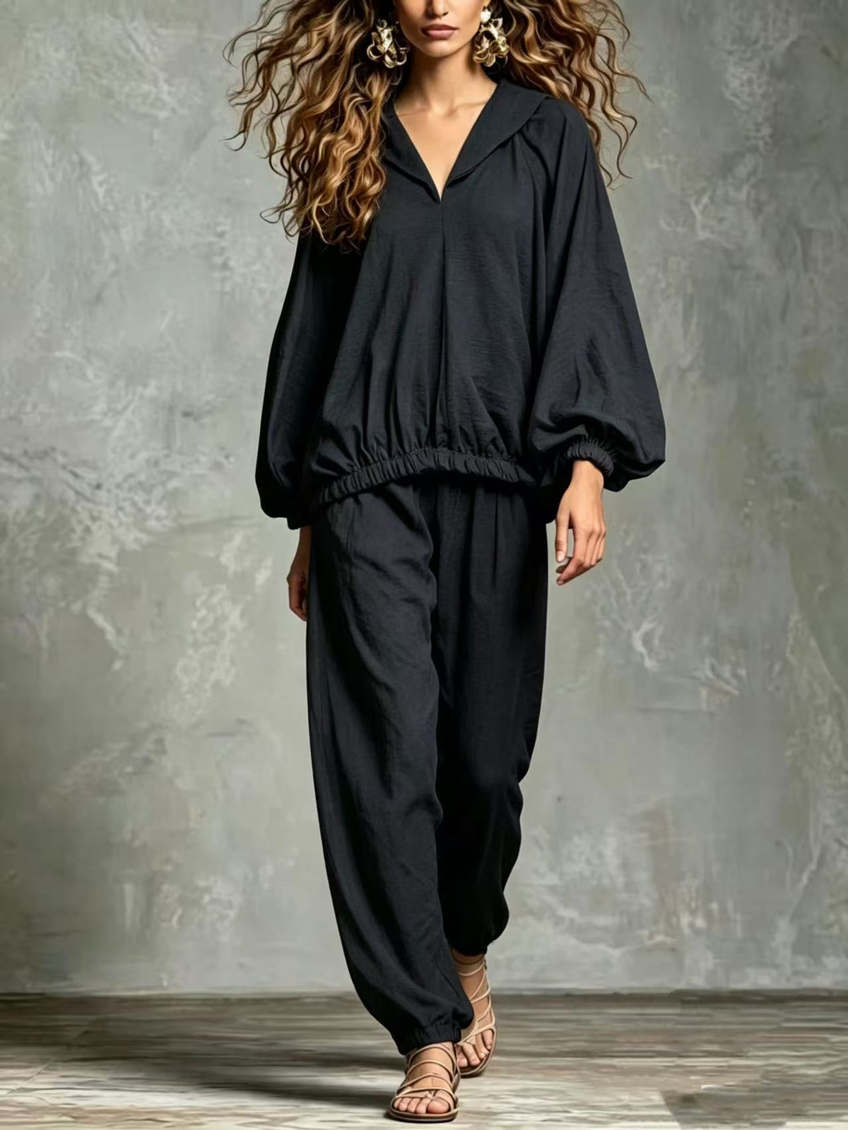Paula Loose V Neck Lantern Sleeve Casual Chic Trouser Set – Sienna Noosa
