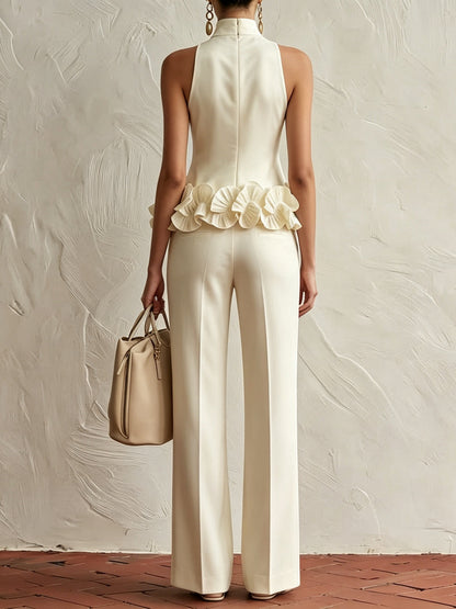 Elegant High Neck Top with 3d Floral Hem and Trousers Set – Sienna Noosa