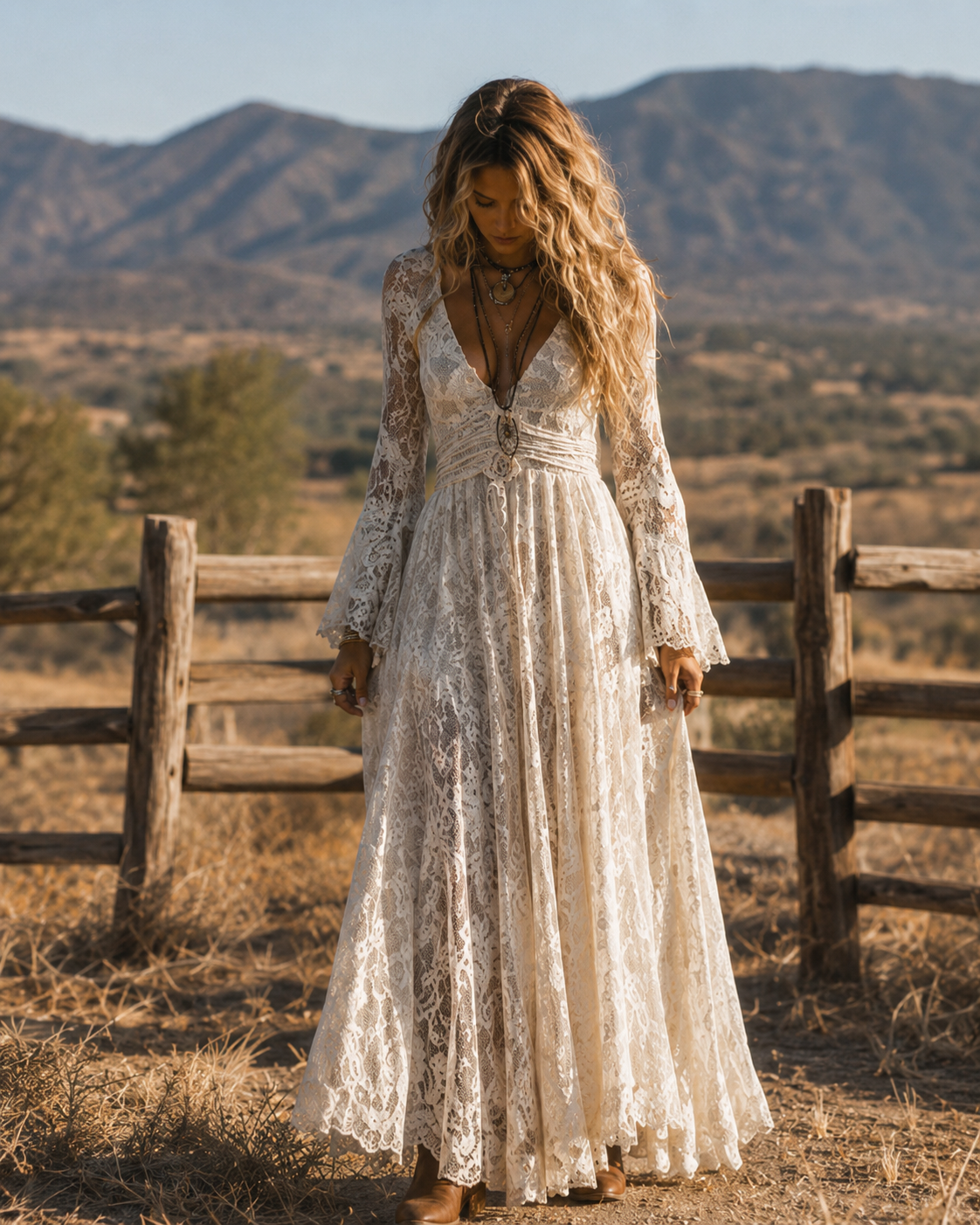 Apricot Lace V Neck Bell Sleeve Bohemian Maxi Dress – Sienna Noosa