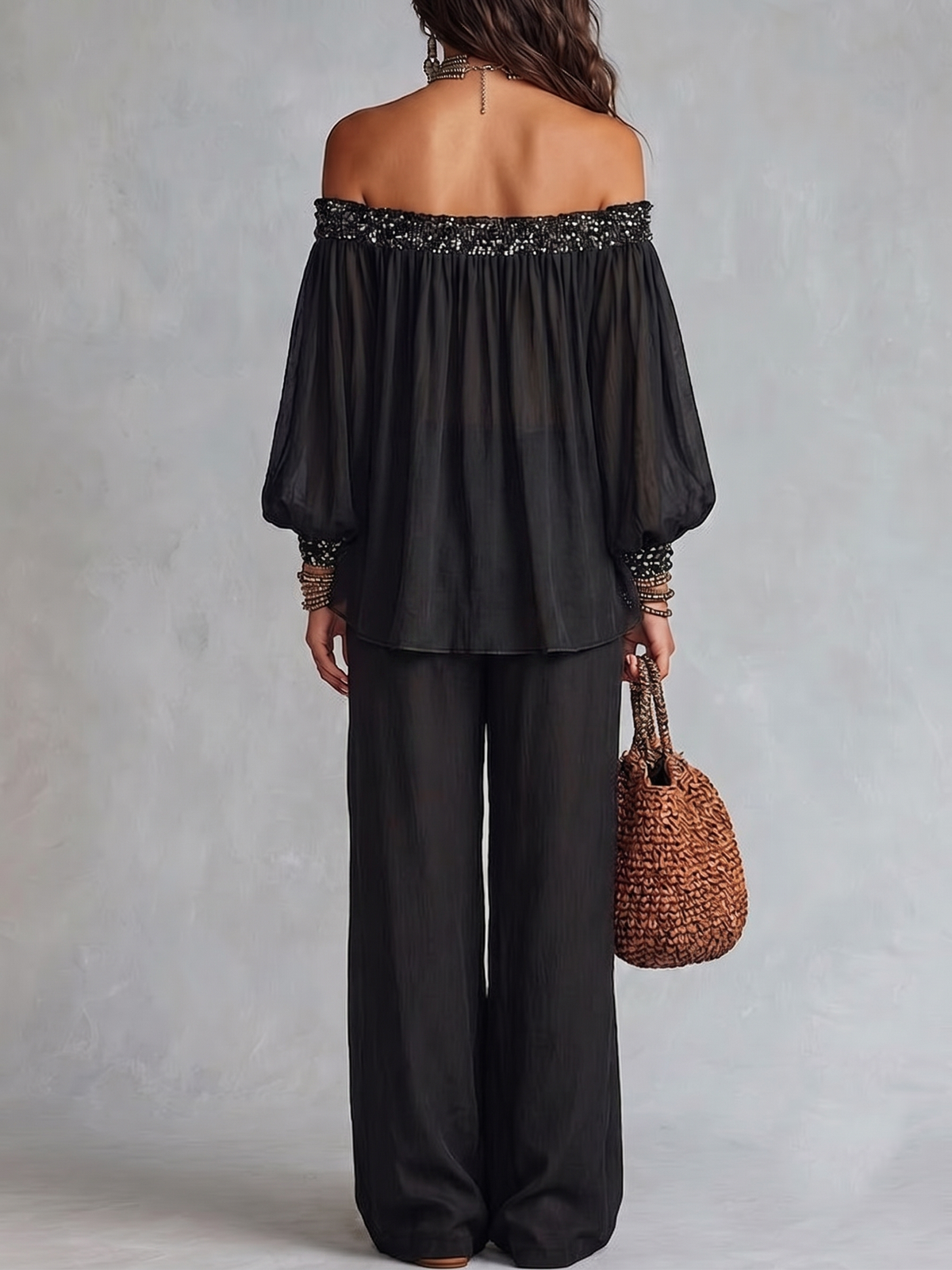 Rocío Black Off the Shoulder Sequined Top Paired with Drawstring Wide Leg Pants Set – Sienna Noosa