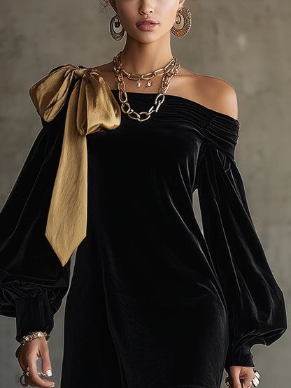 Yolanda Black Velvet and Gold Satin Patchwork Off the Shoulder Mini Dress – Sienna Noosa