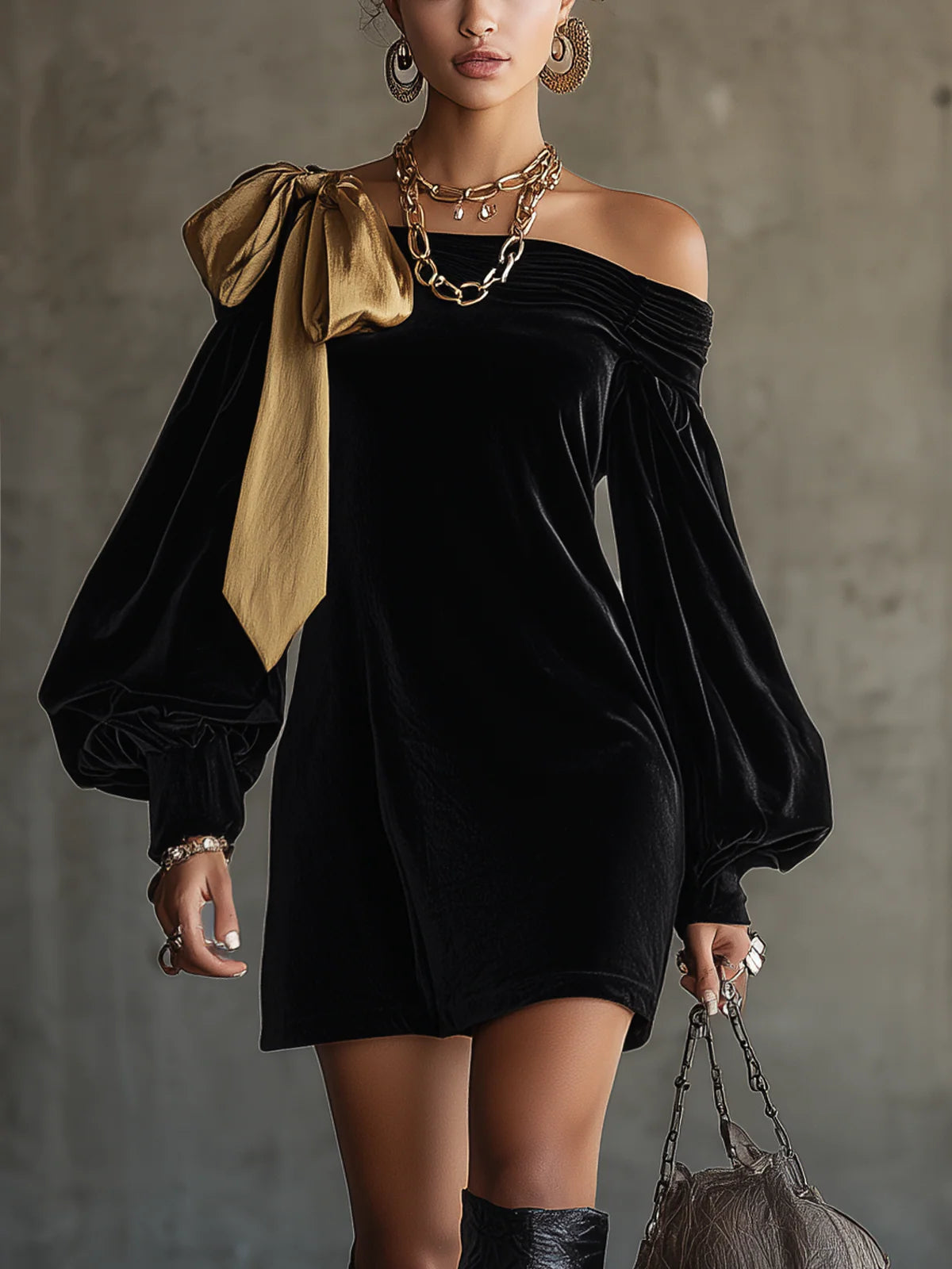 Yolanda Black Velvet and Gold Satin Patchwork Off the Shoulder Mini Dress – Sienna Noosa