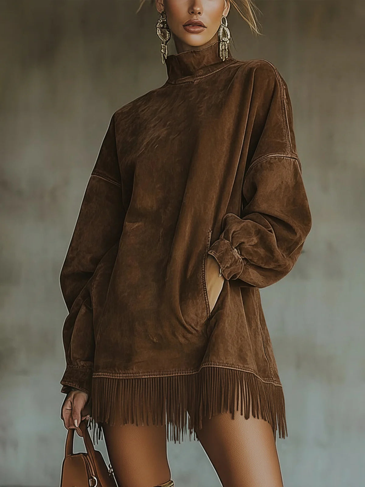 Alma Faux Suede Turtleneck Dress with Fringe Hem – Sienna Noosa