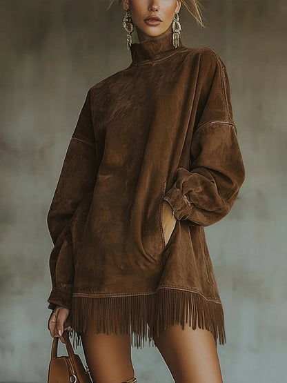 Alma Faux Suede Turtleneck Dress with Fringe Hem – Sienna Noosa