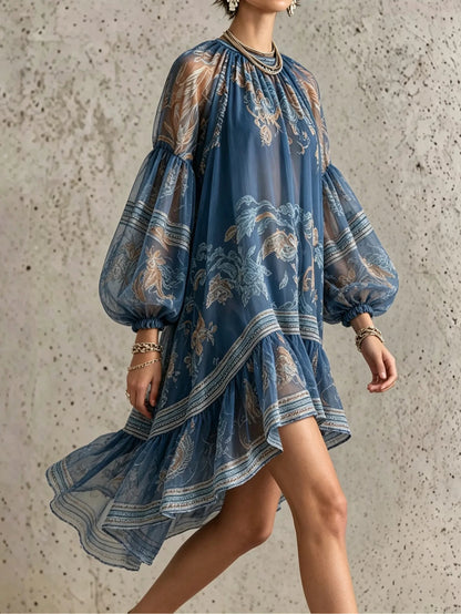 Vintage Elegant Printed Long Sleeve Loose Mini Dress – Sienna Noosa