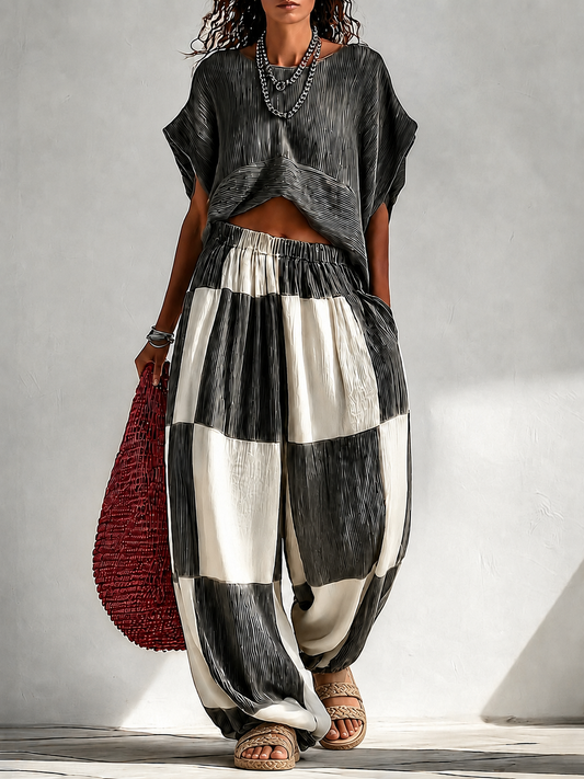 Pleated Crop Top Colour Block Wide Leg Plaid Pants Two-Piece Vacation Set – Sienna Noosa