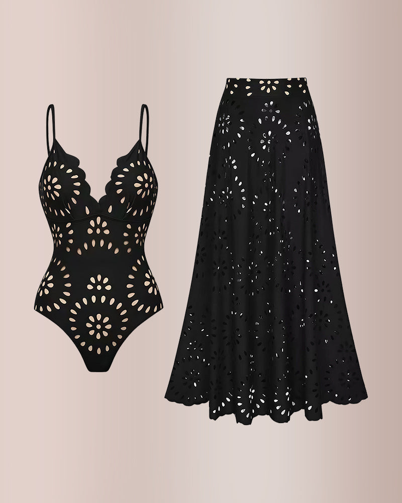 Black Laser Cutting Flower Hollow One Piece Swimsuit and Skirt – Sienna Noosa