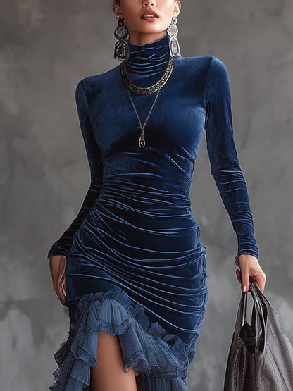 Teresa Dark Blue Velvet Pleated Ruffled Maxi Dress – Sienna Noosa