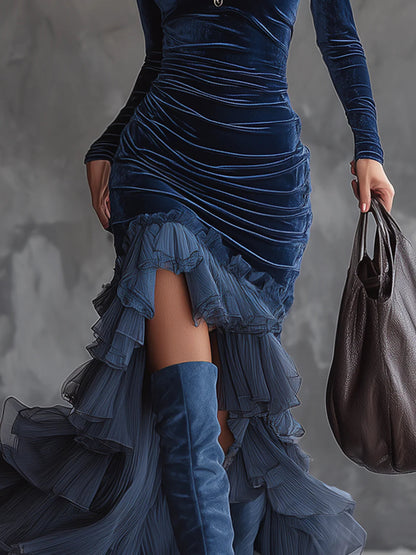 Teresa Dark Blue Velvet Pleated Ruffled Maxi Dress – Sienna Noosa