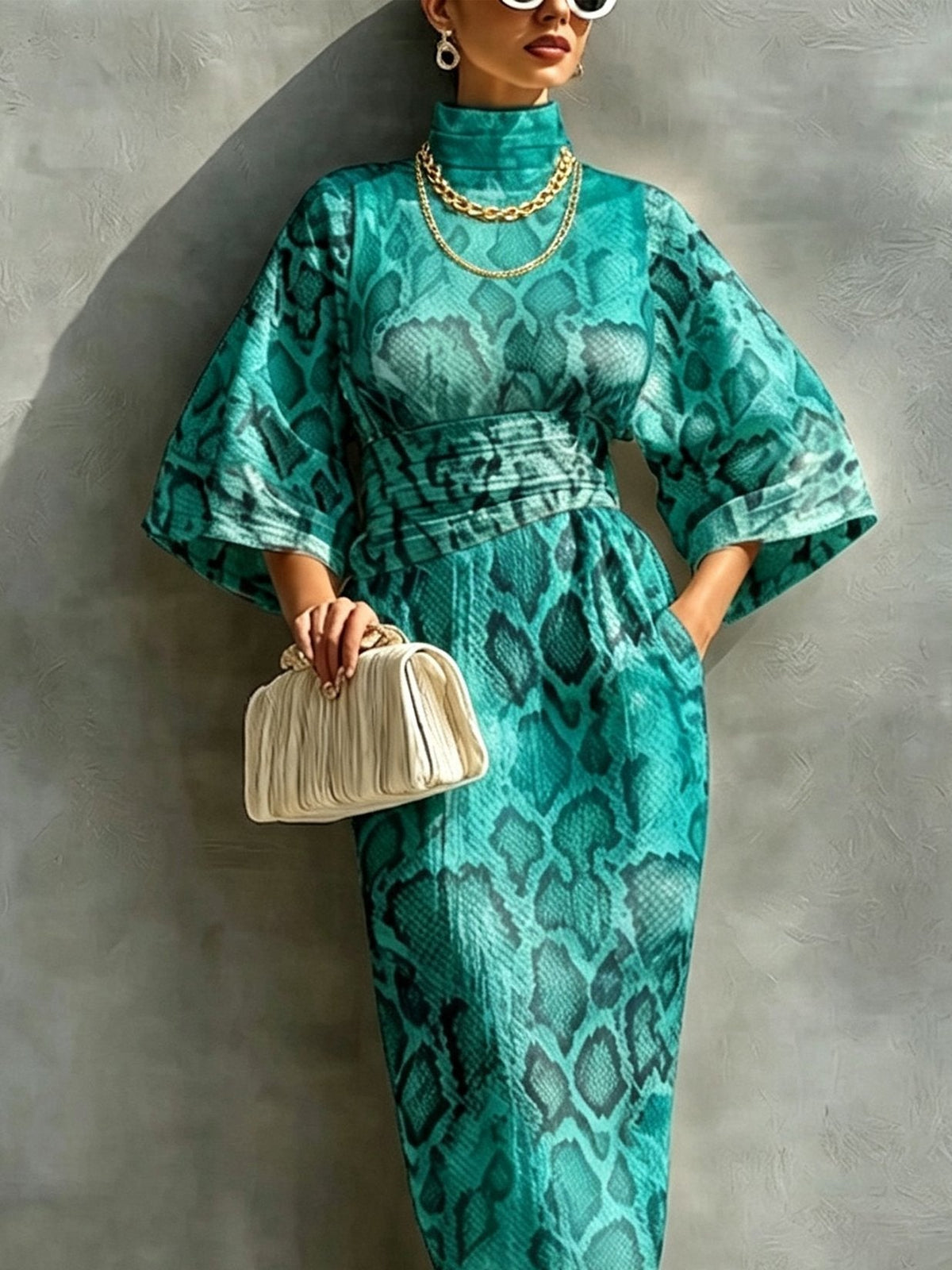 Elegant Snakeskin Printing Mock Neck Maxi Dress – Sienna Noosa