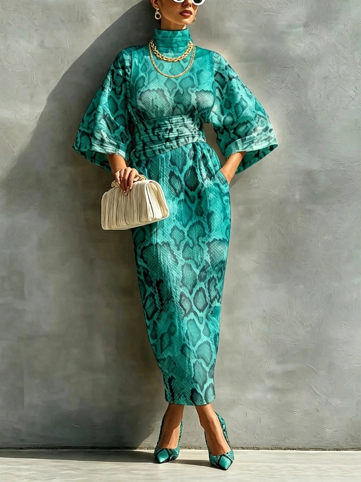 Elegant Snakeskin Printing Mock Neck Maxi Dress – Sienna Noosa
