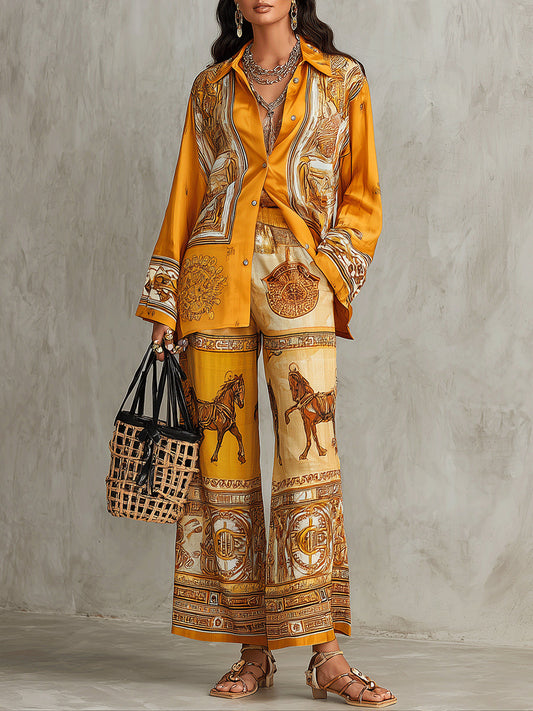 Orange Baroque Print Long Sleeve Shirt Wide Leg Pants Two-Piece Set – Sienna Noosa