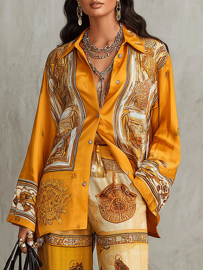 Orange Baroque Print Long Sleeve Shirt Wide Leg Pants Two-Piece Set – Sienna Noosa